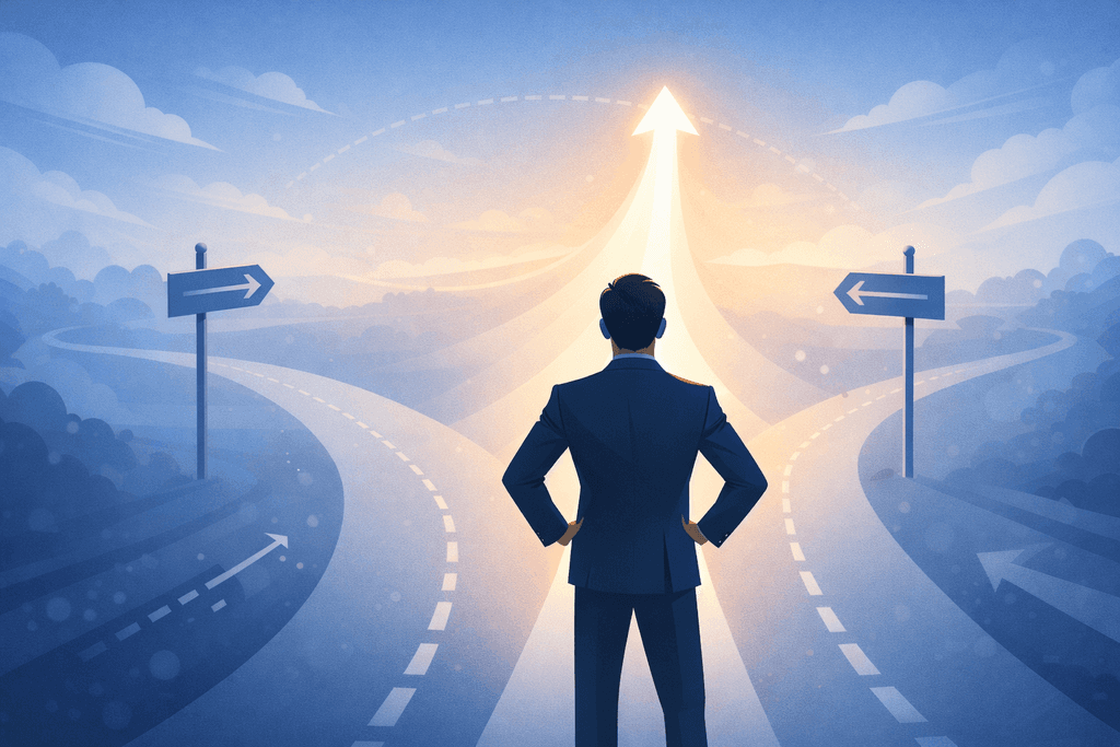 Лідер на роздоріжжі обирає чіткий шлях уперед — символ стратегічного вибору.