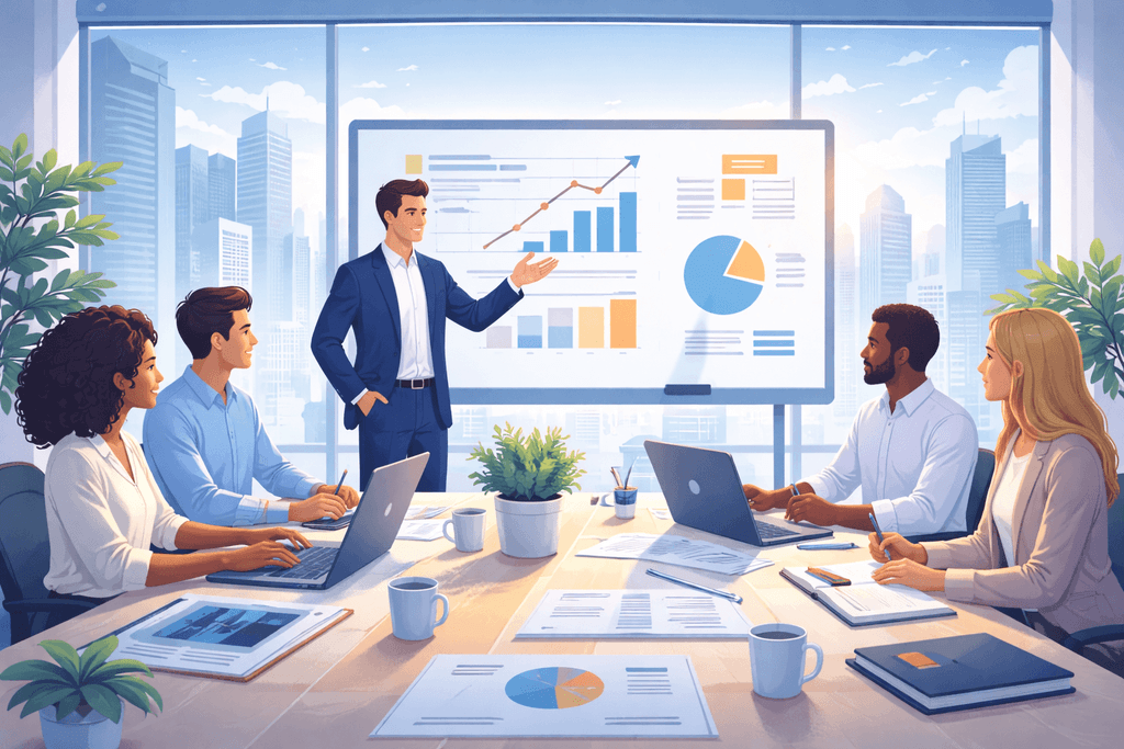 Керівник презентує стратегію команді — символ ясності, фокусу та узгодженого виконання.