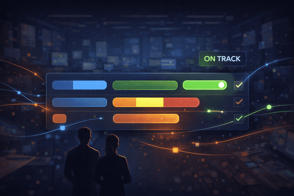 A production dashboard in the studio showing a clean delivery system with progress indicators and an “on track” marker.