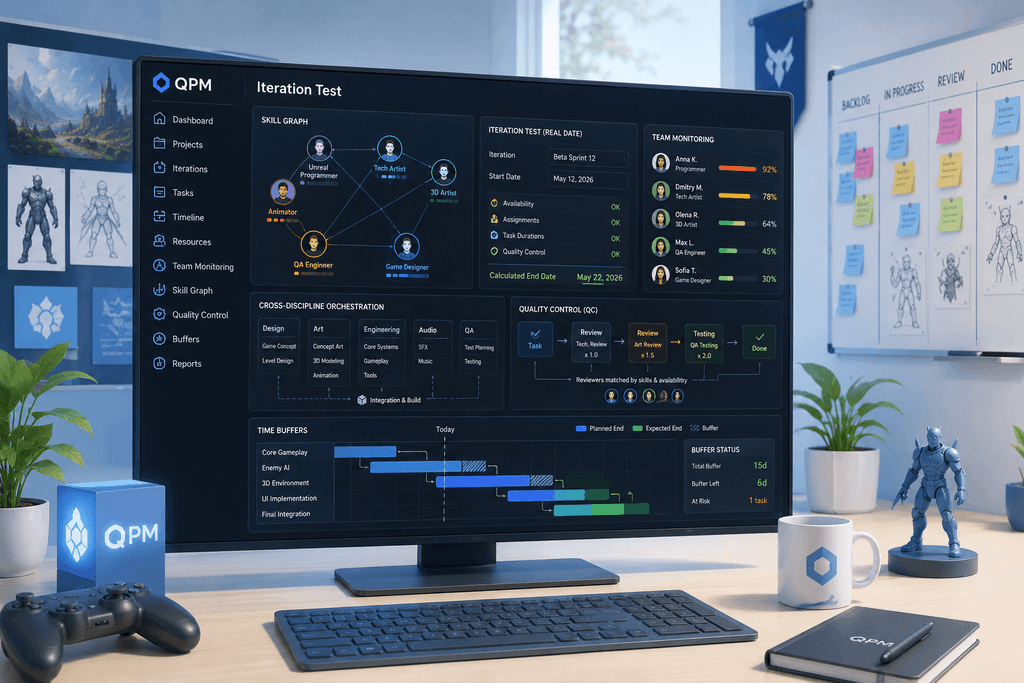 QPM dashboard showing Iteration Test, Skill Graph, and Team Monitoring — with a calculated sprint end date based on team skills and workload.