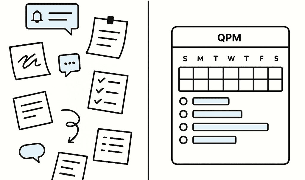 A comparison of manual planning versus automation in QPM: chaotic task lists transform into an organized Gantt chart.