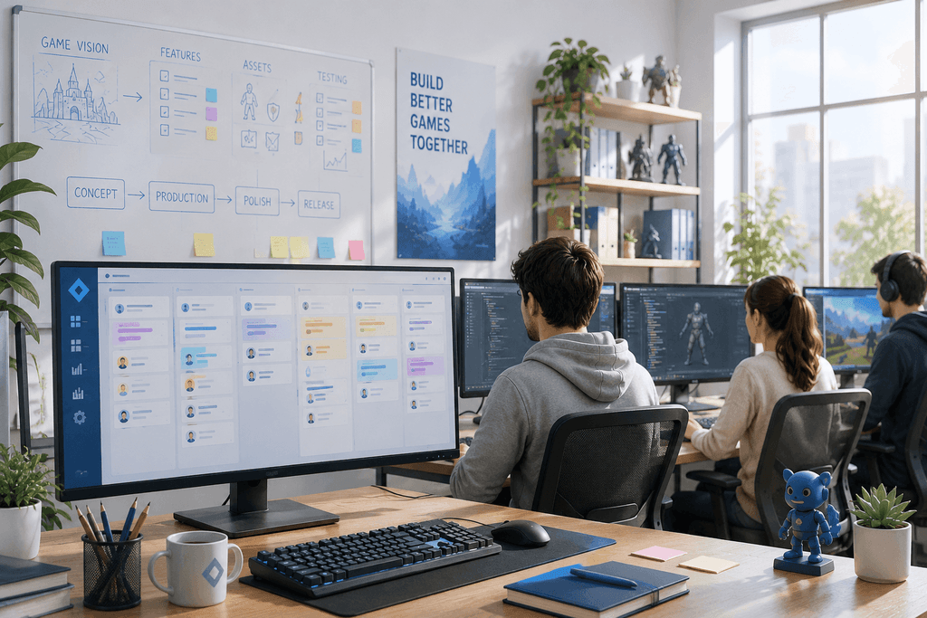A game studio team working with a PM tool on a large monitor. In the background — a whiteboard with a game development pipeline: Concept → Production → Polish → Release.