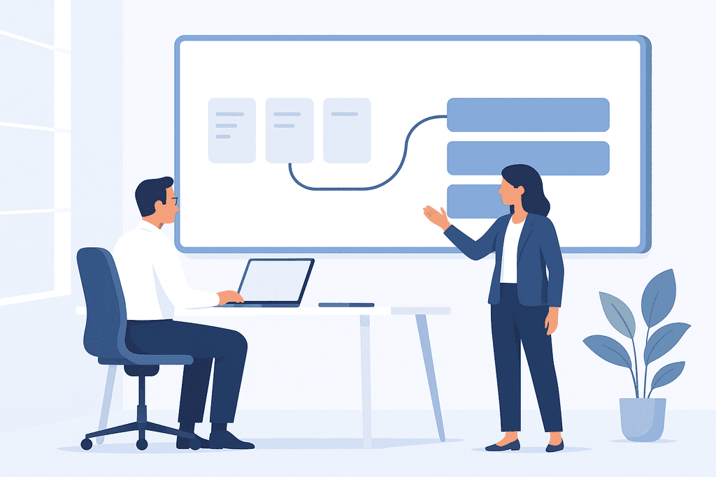 Specialists discussing hybrid project planning in front of a screen with tasks and project stages.
