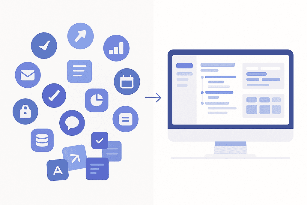 Chaotic tools on the left transforming into a single structured platform on a computer screen on the right.
