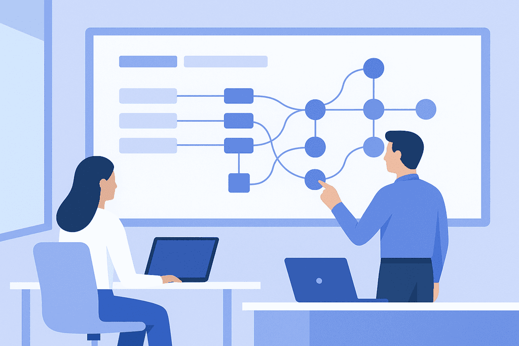 Two specialists are analyzing a dependency scheme on a large screen in a modern office.