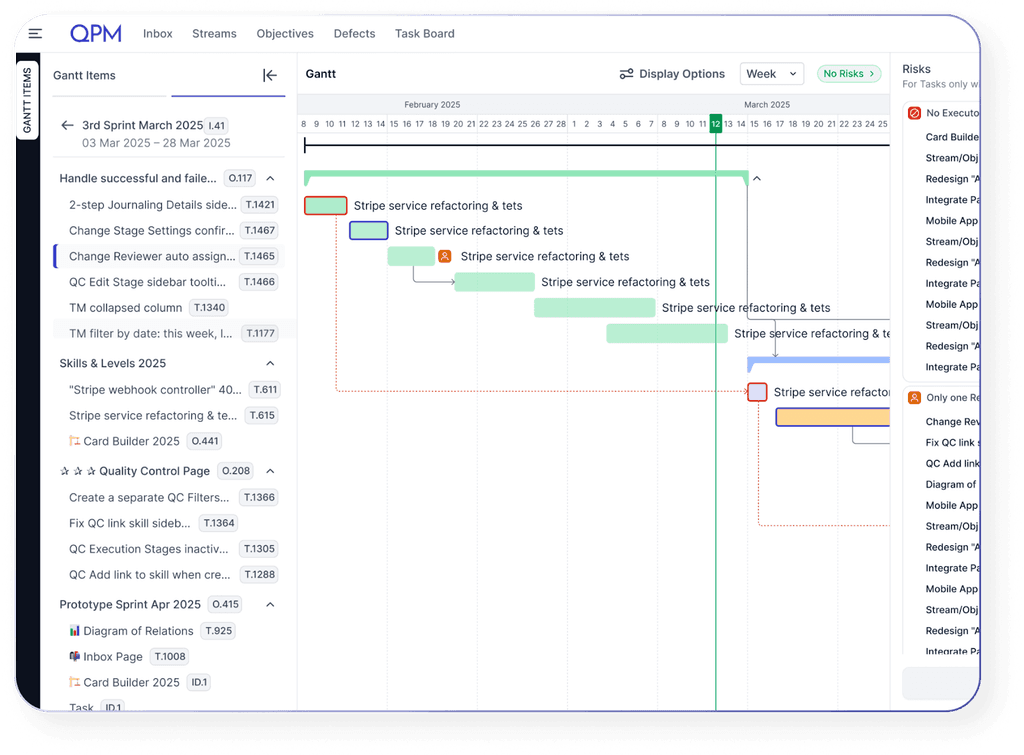 QPM interface with an automatically generated Gantt chart showing task sequences and dependencies in a sprint.