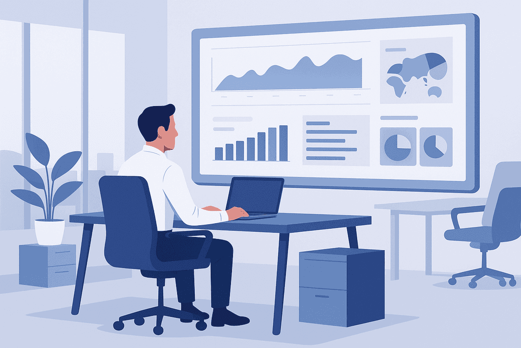 A specialist working on a laptop in a modern office while analyzing a dashboard with charts on a large screen.