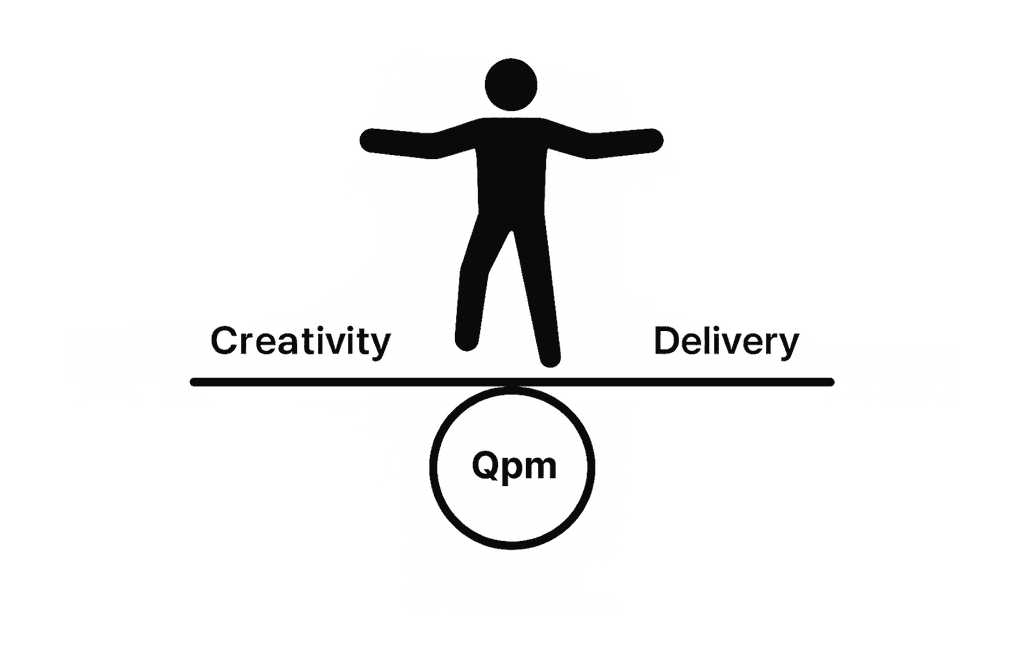 A minimalist illustration symbolizing the balance between creativity and timely game delivery made possible by QPM.