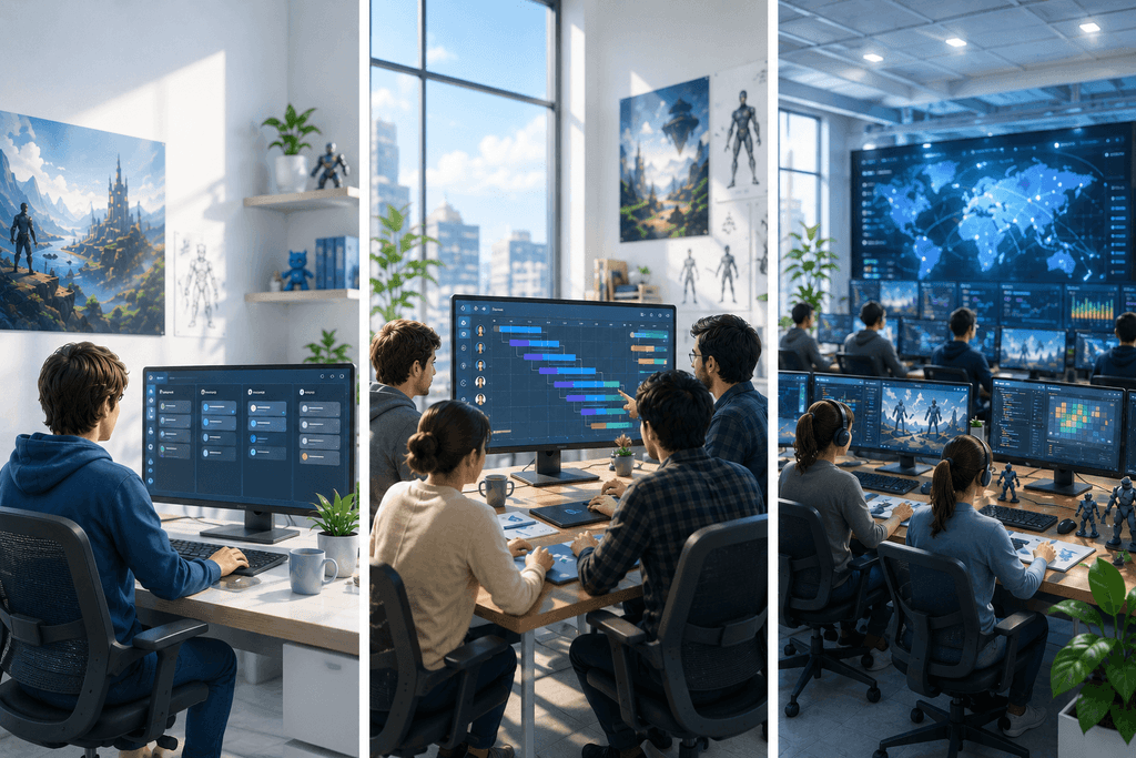Three PM tool usage scenarios in game studios of different sizes — from a solo developer to a large team with multi-screen monitoring.