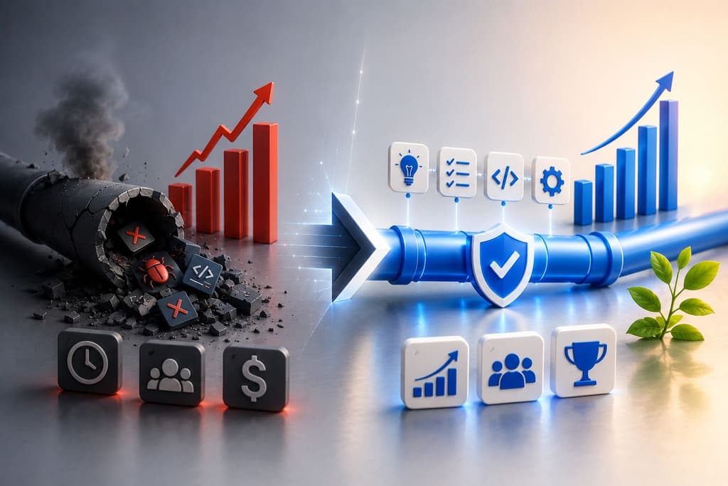 3D tech infographic comparing a broken pipeline with bugs to a secure blue development pipeline and growth chart.