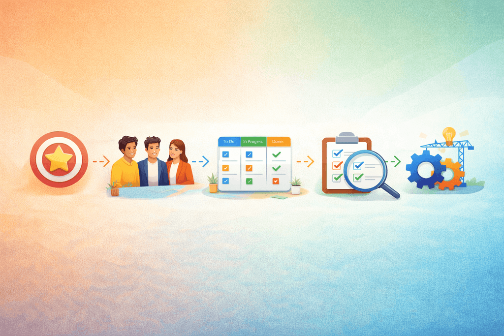 Icons representing five stages of project management, connected in a sequential flow on a light background.