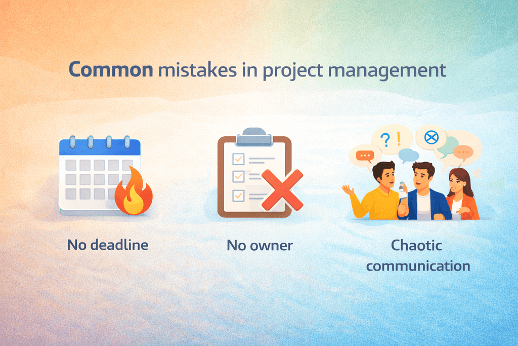 Illustration of three common project management mistakes: missing deadlines, no assigned owner, and lack of clear communication.