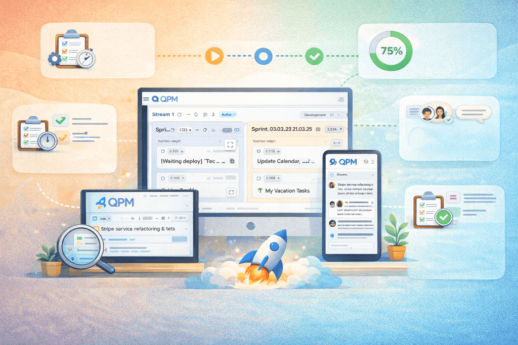 A central screen with QPM, along with a tablet and smartphone showing task interfaces and progress, surrounded by icons representing project management features.