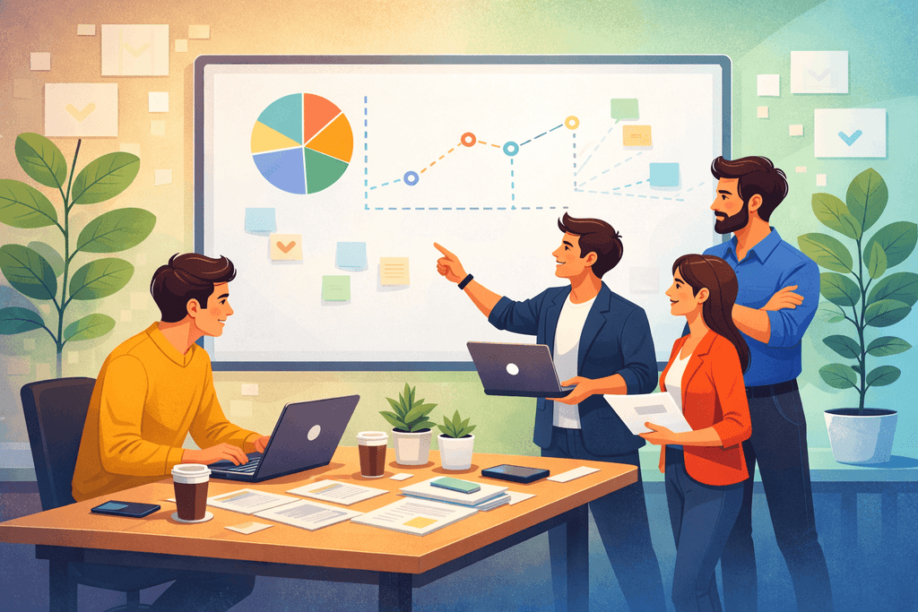 A startup team discussing charts and analytics in front of a whiteboard in a modern office setting