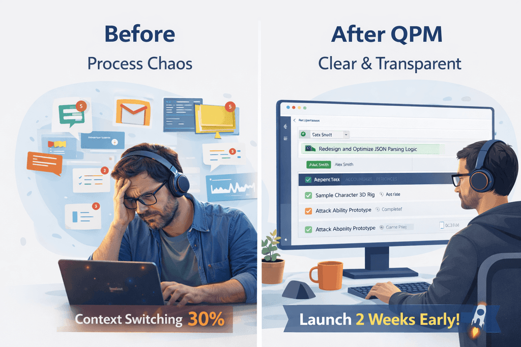 Task chaos before QPM and a transparent workflow after implementing the system