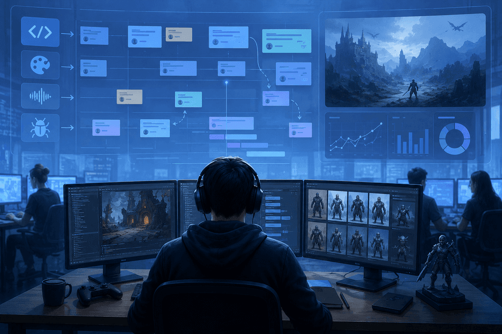A game developer with headphones sits in front of three monitors and a futuristic interface displaying game concepts, charts, and schedules.