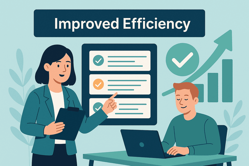 Infographic showing the benefits of automating task assignment, including time savings, error reduction, workload balancing, analytics, and scalability