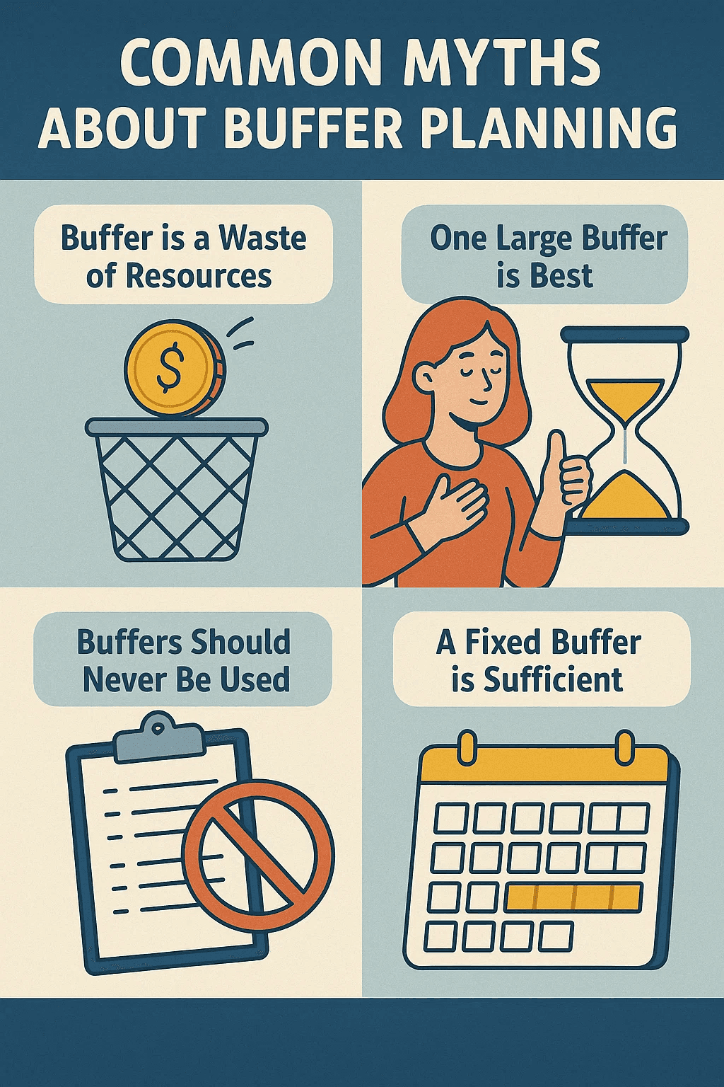 Visual guide correcting common misconceptions about buffer planning in project management