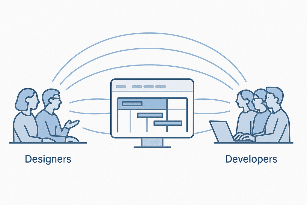 Minimalist illustration of two teams — designers and developers — on opposite sides of the screen, connected by smooth lines, symbolizing aligned, transparent, and synchronized collaboration.