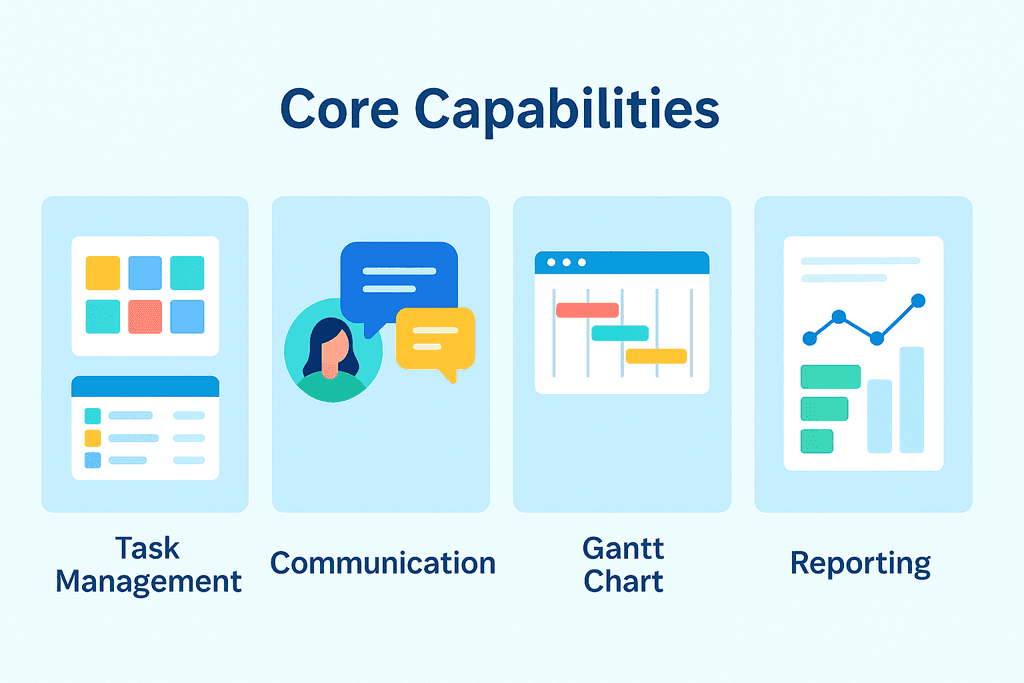 Flat illustration of core project management software capabilities: task management with a board, communication with chat bubbles, Gantt chart timeline, and reporting with charts and graphs.