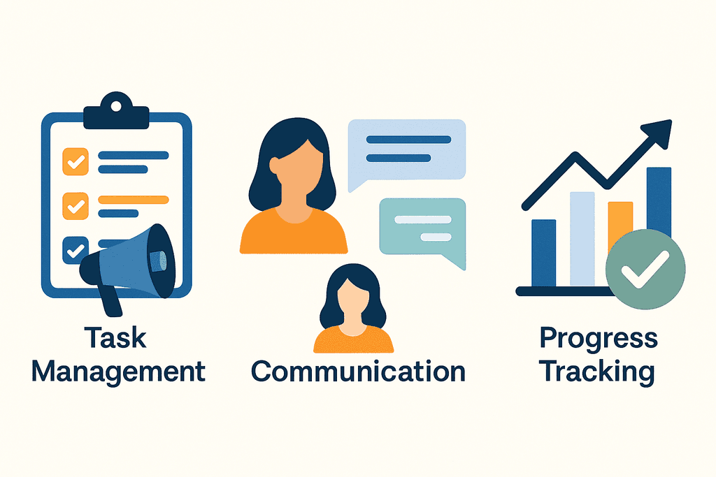 Плоска ілюстрація функцій програмного забезпечення QPM для управління проєктами: управління завданнями з чеклістом, комунікація з членами команди через чат-бабли та відстеження прогресу за допомогою графіків і діаграм.