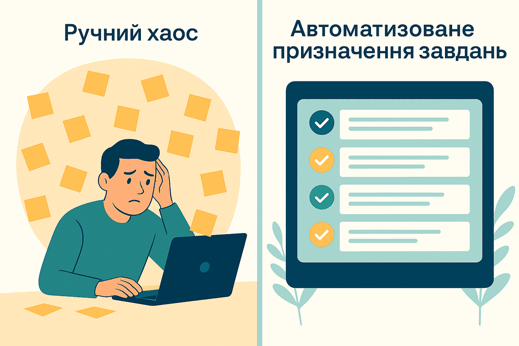 Split-screen illustration comparing manual task assignment with automated QPM system. The left side shows an overwhelmed manager with sticky notes; the right side shows tasks automatically distributed to team members through a digital interface.