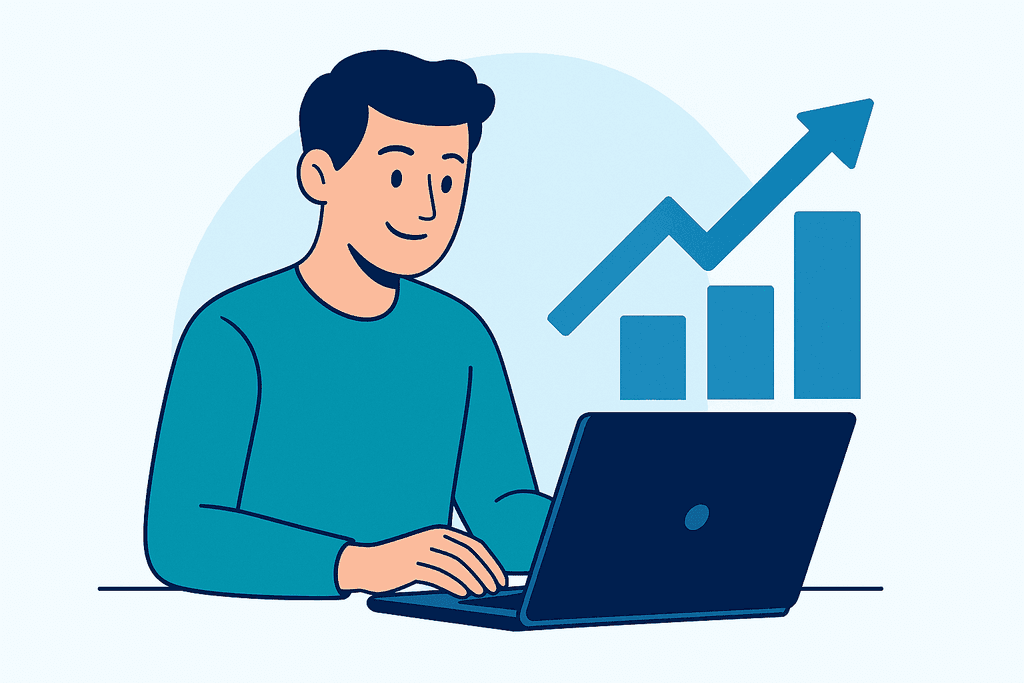 Плоска ілюстрація, що символізує зручність та масштабованість: офісний працівник усміхається, працюючи за ноутбуком, на тлі зростаючої стовпчикової діаграми та стрілки вгору, що уособлюють розвиток бізнесу.