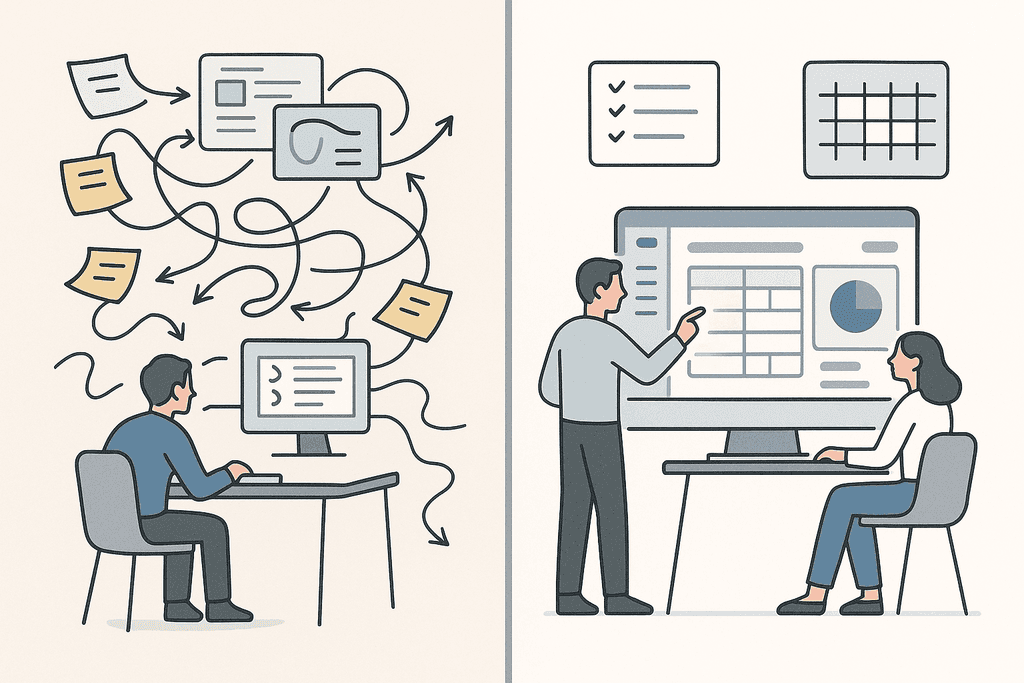 Minimalist two-scene illustration: chaotic workspace on the left, organised digital space with charts on the right, symbolising efficiency and order.