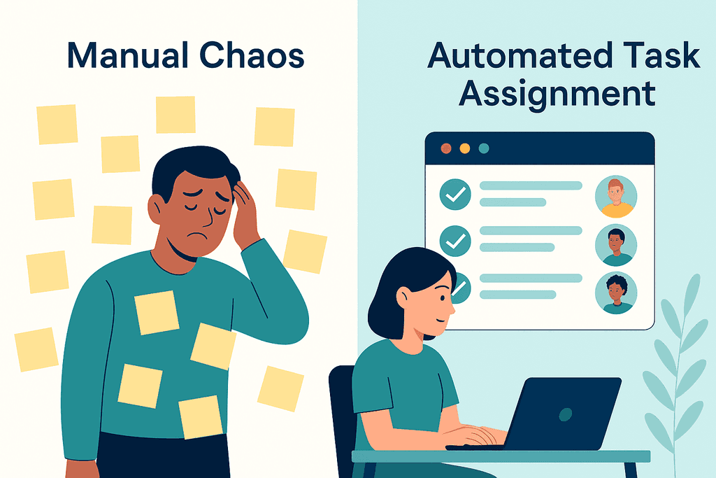 Split-screen illustration comparing manual task assignment with automated QPM system. The left side shows an overwhelmed manager with sticky notes; the right side shows tasks automatically distributed to team members through a digital interface.