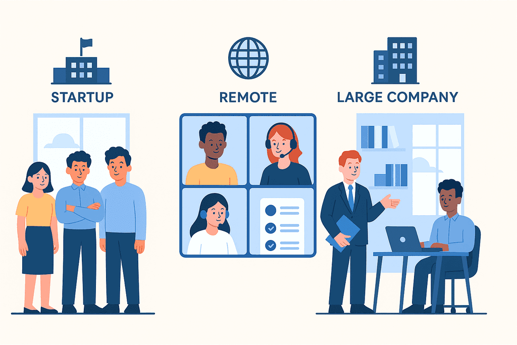 Flat illustration of three types of teams: a small startup group standing together, a remote distributed team connecting via video call, and a large corporate team working in an office setting.