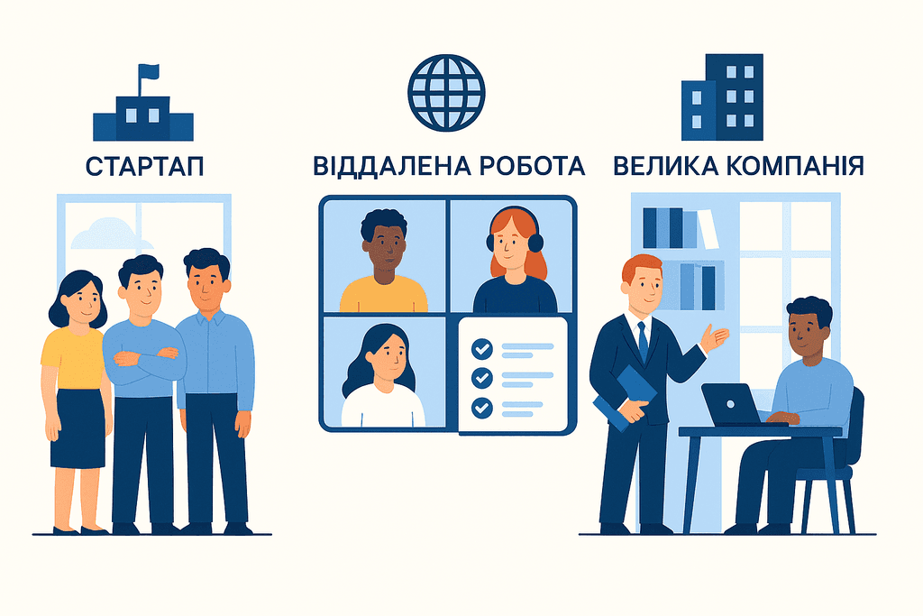 Плоска ілюстрація трьох типів команд: невелика стартап-команда, що стоїть разом; віддалена розподілена команда, яка спілкується через відеодзвінок; та велика корпоративна команда, що працює в офісі.