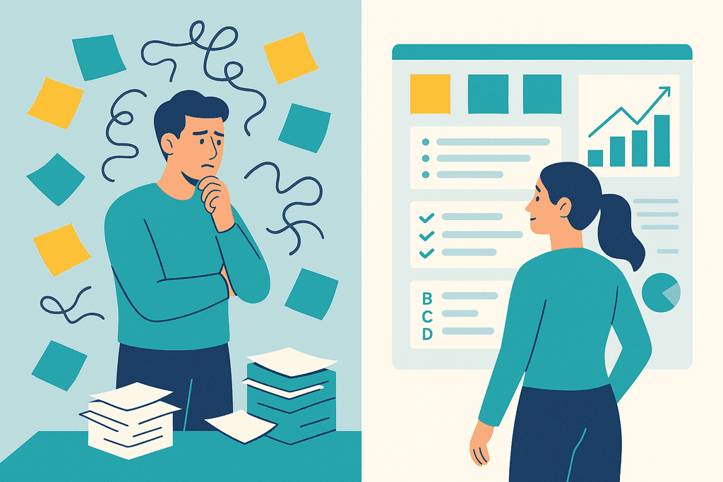 Плоска ілюстрація, що контрастує хаос і порядок в управлінні проєктами: зліва чоловік, перевантажений розкиданими стікерами та паперами, справа жінка спокійно переглядає впорядковану цифрову дошку завдань із графіками та чеклістами.