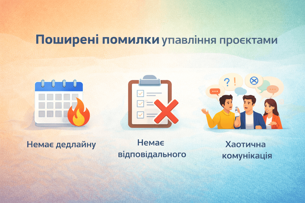 Ілюстрація трьох поширених помилок в управлінні проєктами: відсутність дедлайну, відповідального та чіткої комунікації.