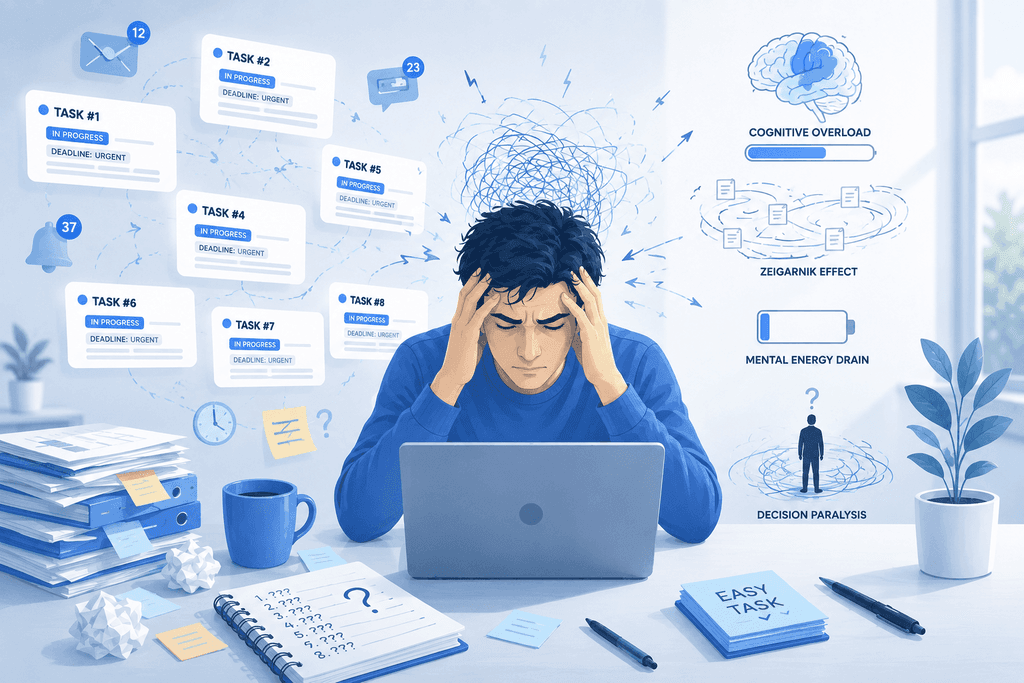 Stressed worker surrounded by task notifications and overload diagrams