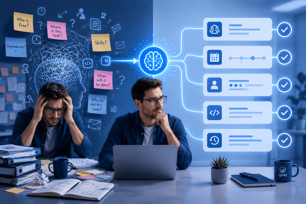 Relieving PM cognitive overload: The QPM AI algorithm takes over tracking deadlines, skills, code history, and team availability, eliminating manual chaos