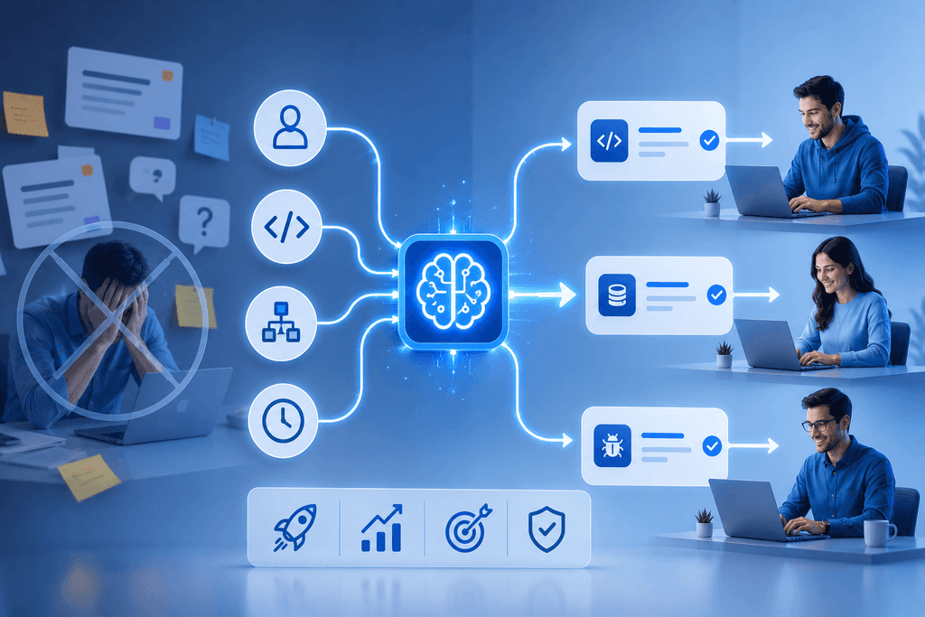Diagram of QPM AI automatically analyzing skills, code, dependencies, and time to distribute tasks to developers, replacing an exhausted manager