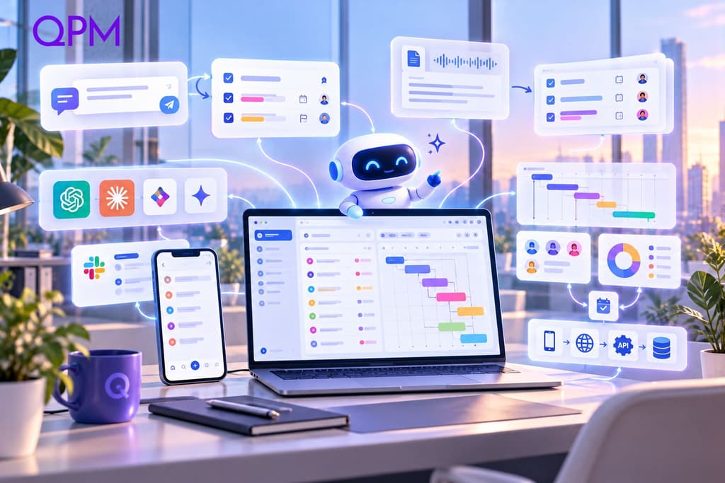ШІ-асистент QPM Solution з'єднує задачі, Slack, мобільний застосунок, ШІ-інструменти та діаграму Ганта в одній системі