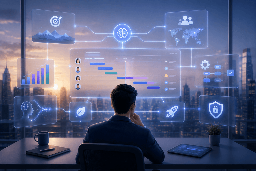 Футуристичний AI-інтерфейс управління проєктами з адаптивним плануванням, аналітикою та координацією виконання.