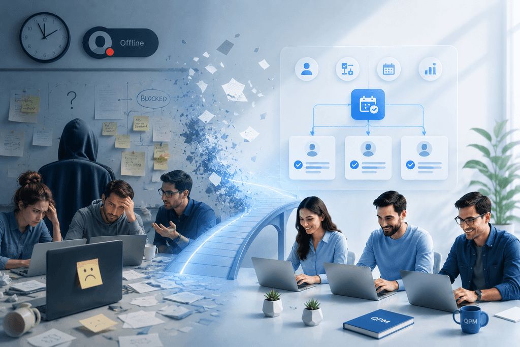 Comparison of IT team chaos without a PM versus automated task allocation via a QPM system with auto-scheduling and skill mapping.