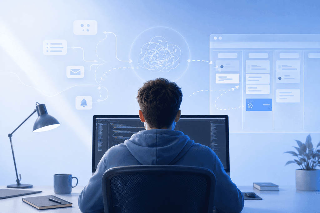 Developer at a dual monitor setup, with scattered notification icons resolving into an organized kanban task board