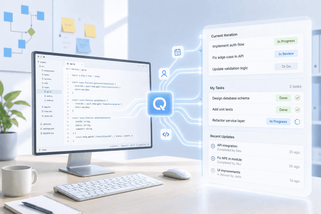QPM interface next to a code editor: task statuses and the current iteration update directly from the developer's environment