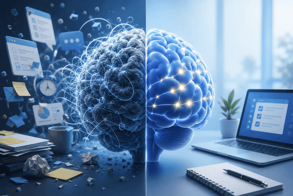 A split brain illustration chaotic multitasking on the left versus focused clarity and order on the right