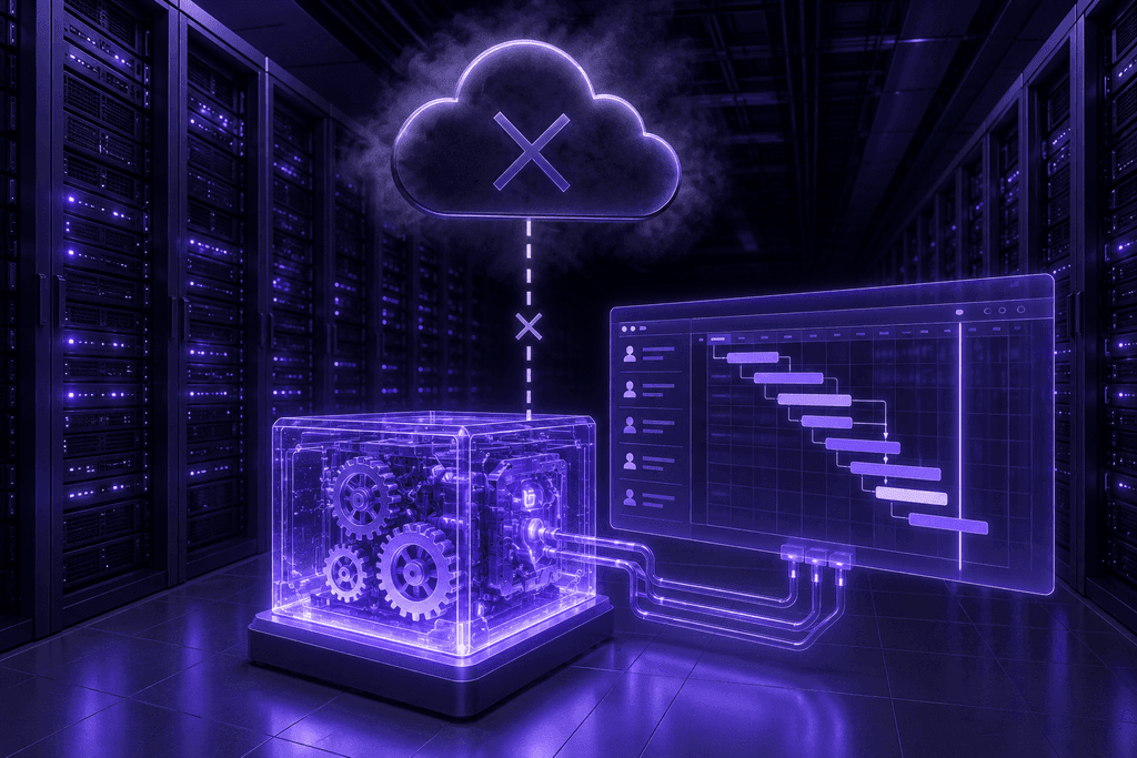 Illustration of a server room: a cloud with a disconnect symbol above a transparent mechanism linked to a Gantt chart