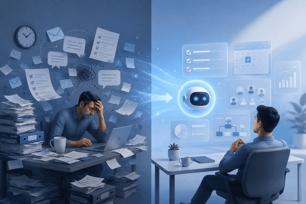 Illustration of the AI assistant promise: on the left a manager buried in paperwork and emails, on the right AI organizes everything into clean dashboards and charts
