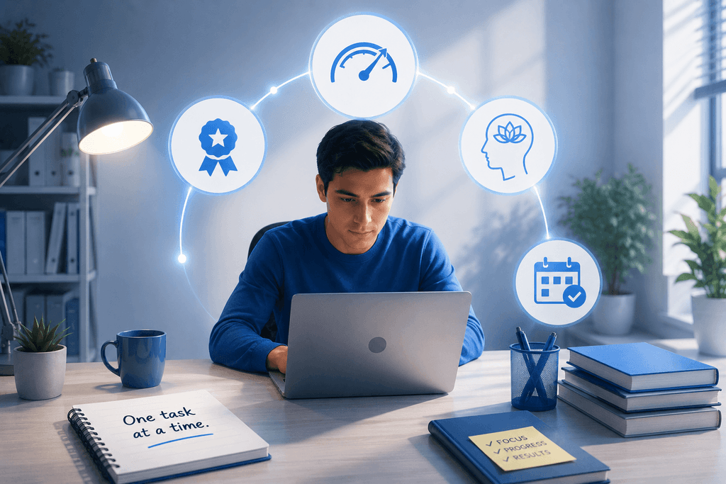 A man working at a laptop under glowing productivity icons with a notebook reading One task at a time