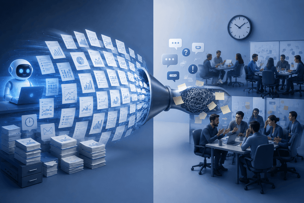 Diagram of the coordination paradox: AI generates a flood of documents and reports that hits a bottleneck and turns into endless team meetings
