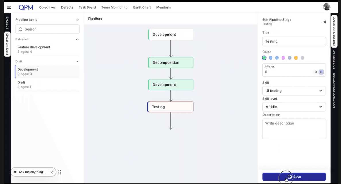 QPM Pipeline interface for creating and configuring process and task templates.