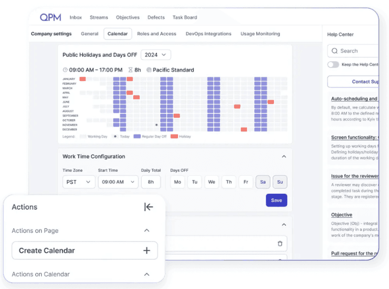 Calendar interface in QPM for managing working days, days off, and team availability.