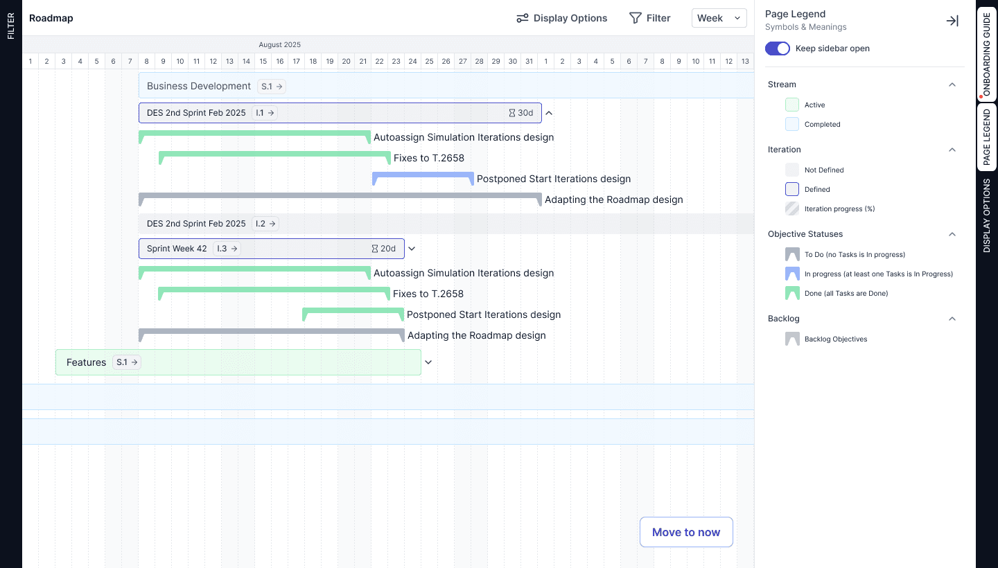 Roadmap interface in QPM with a unified timeline for Streams, Iterations, and Objectives.