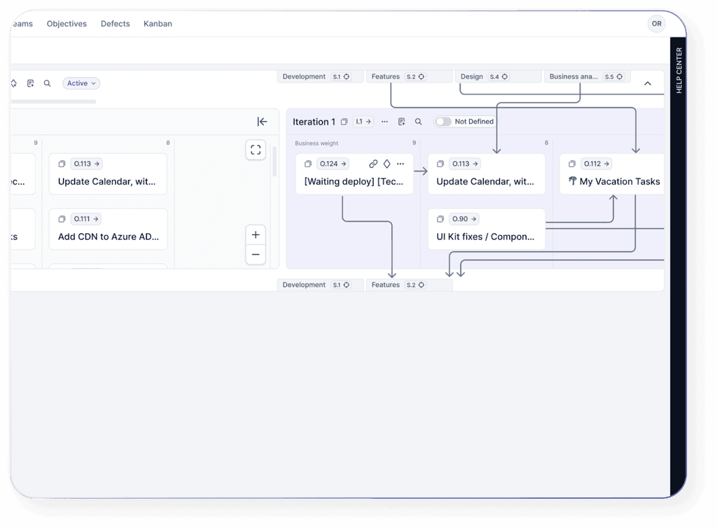 Relations Diagram interface in QPM visualizing dependencies between tasks and iterations.